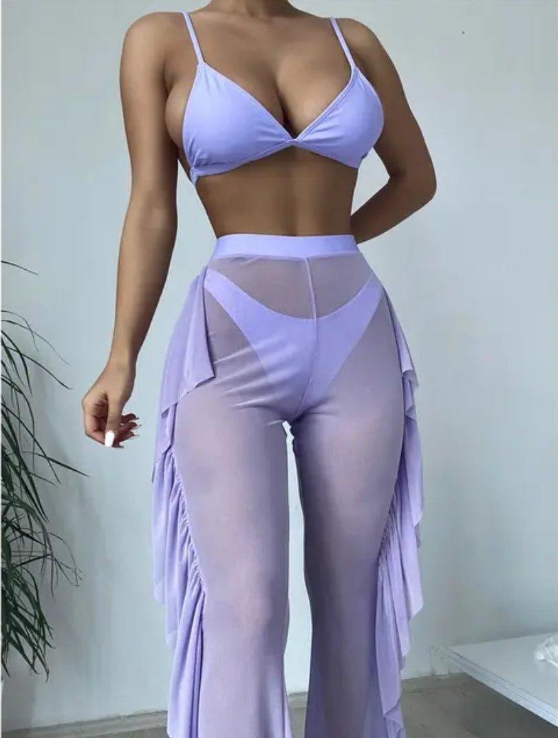 Sunset Glow Bikini Set with See-Through Throw-Over Pants**