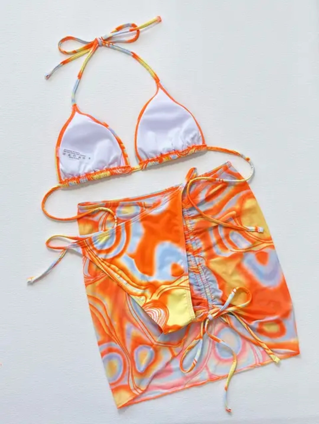 Orange Illusion Bikini Set with See-Through Skirt Throw-Ove