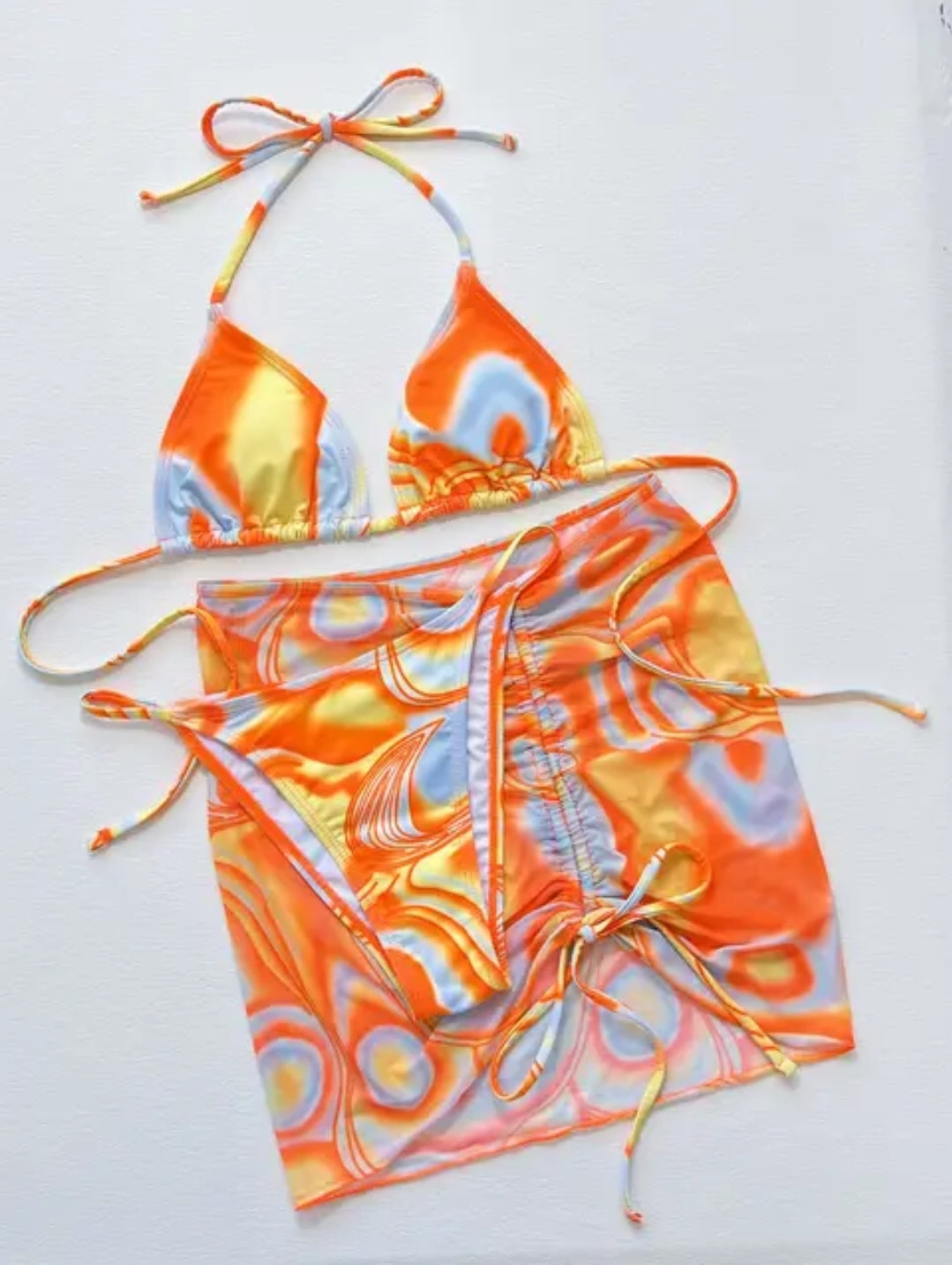 Orange Illusion Bikini Set with See-Through Skirt Throw-Ove